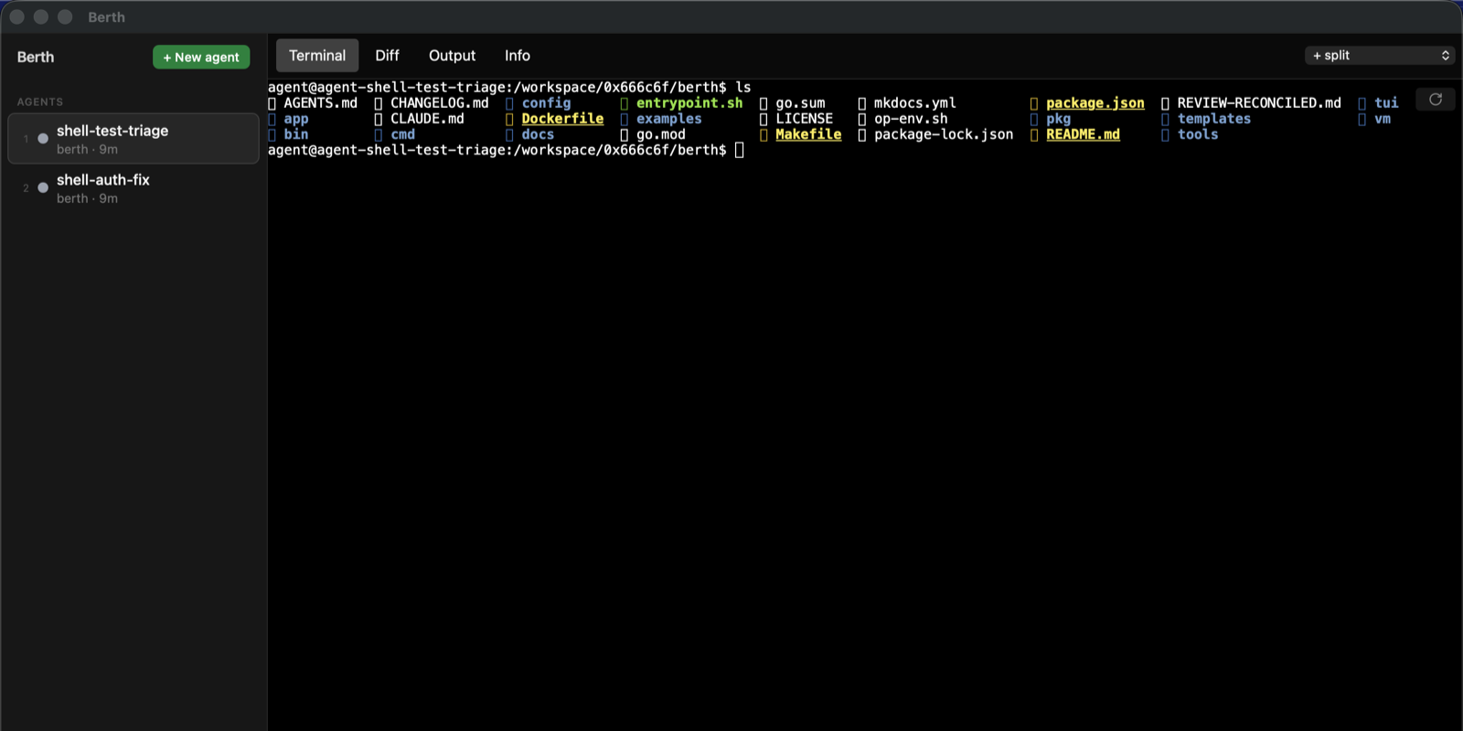 Berth desktop app — sidebar with running agents and an embedded terminal attached to a sandboxed container